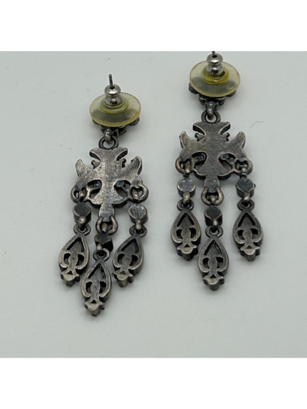 Gothic Chandelier Earrings Gunmetal Victorian Revival Black Rhinestone Statement - Picture 10 of 13